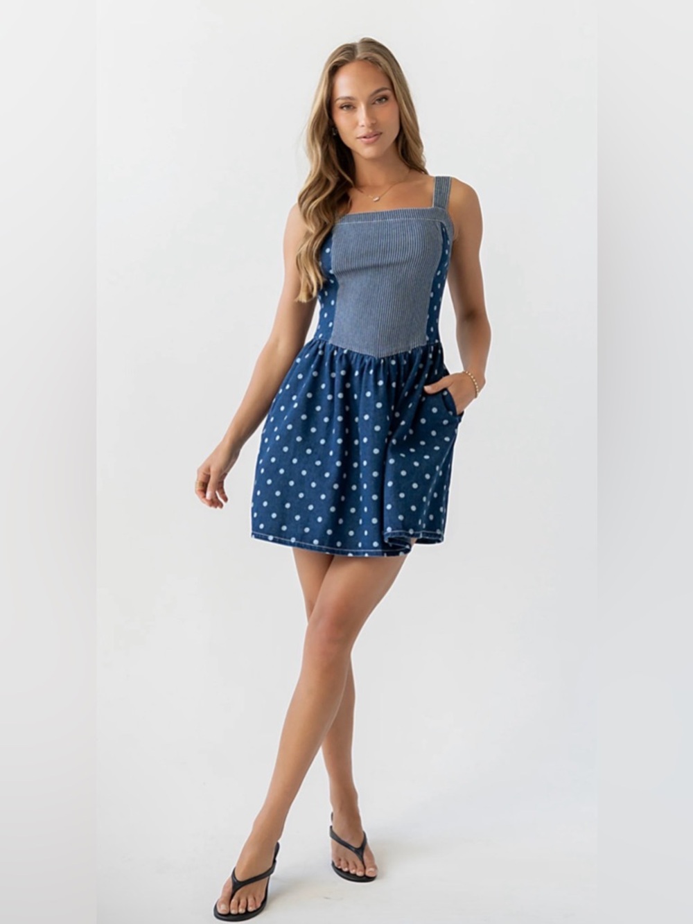 36. Denim Blue Polka Dot Mini Dress with Smocked Bodice